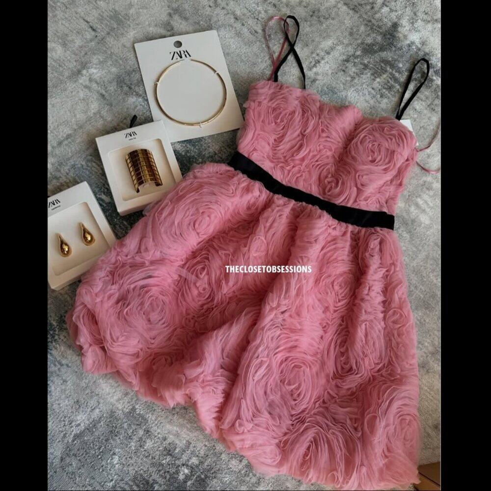 ZARA Textured Strapless Mini Dress NWT | Pink Floral Rosette Balloon Hem - Picture 16 of 16